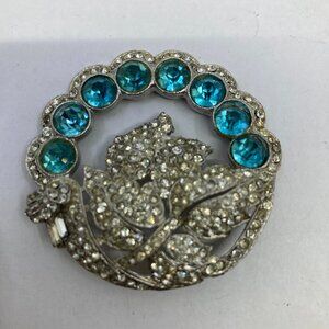 Vtg CORO ? blue white rhodium rhinestone crystal brooch